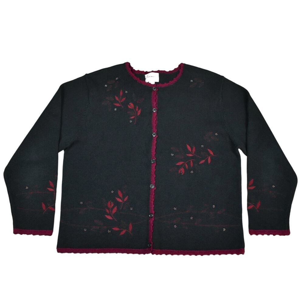Embroidered Cardigan Sweater Women's XL Black Maroon Beaded Whimsigoth Cottage